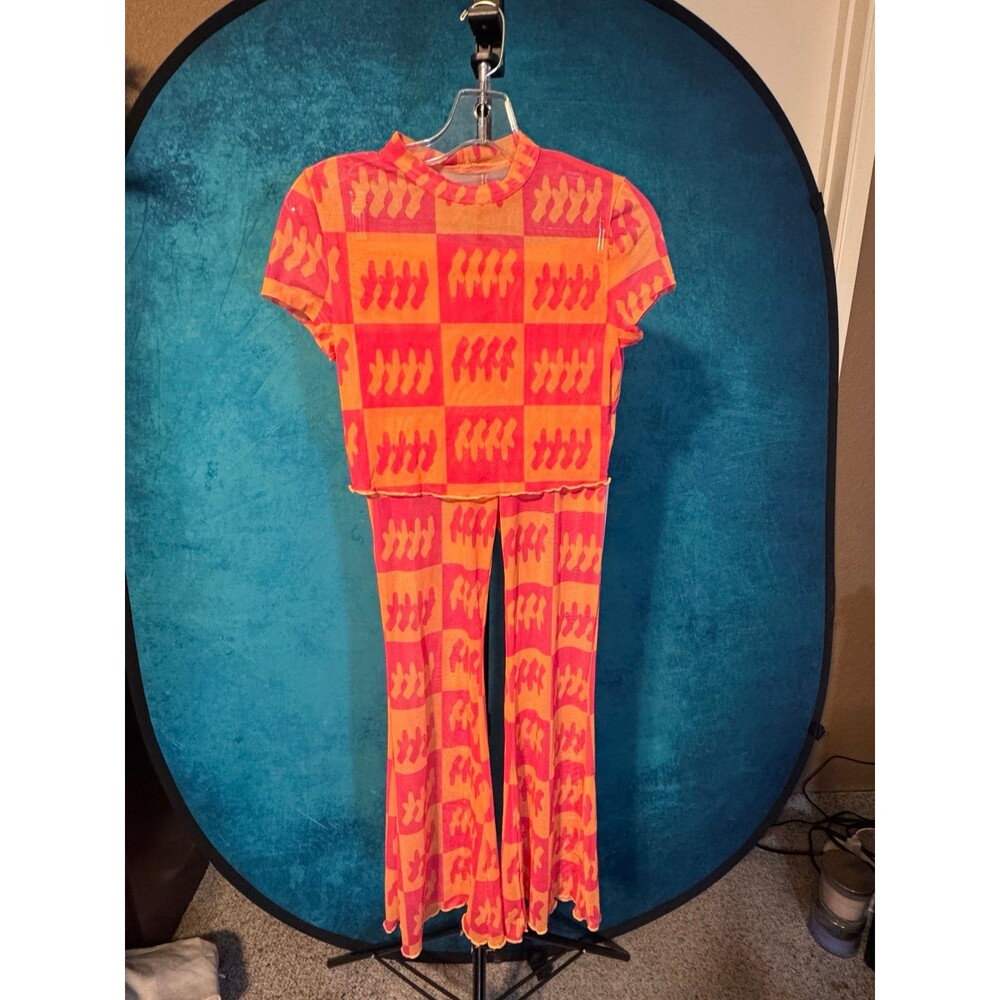 Y2K Orange Pink Mesh 2 Piece Set Crop Top Flare Pants